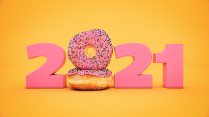 Donut concept 2021 New Year sign. 3d rendering	
