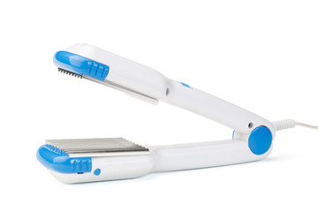 White Hair Straightener Isolated on White Background. Professional Hair Iron & Tong. Personal Hot...