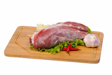 fresh and raw beef meat on cutting board on white background