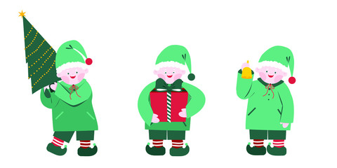 Santa's elves with gift,  christmas tree and bell.