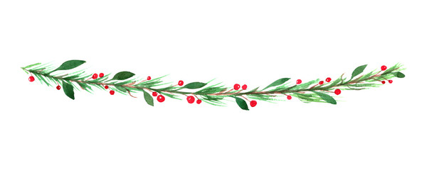 Watercolor Christmas branch with red berries isolated on white background. New year element