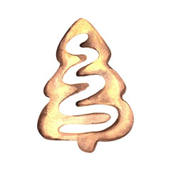 Watercolor tree-shaped ginger cookie for Christmas celebration. New year watercolour element with ginger cookie