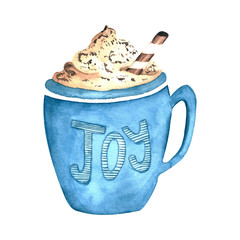 Watercolor blue cup with hot coffee and chocolate with phrase 