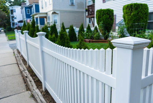 White Picket Fence In A Residential Neighborhood Just South Of Downtown Boston.