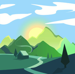 This is a summer landscape that shows mountains, a house, a path and the rising sun.