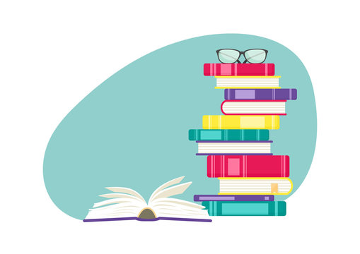 Stack of books with open book and eyeglasses. Education vector illustration.