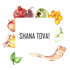 Jewish holiday Rosh Hashana banner design with honey, pomegranate and apples. Jewish New year frameShana tova greeting card template. 