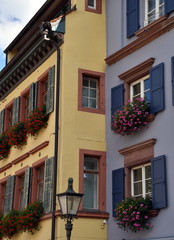 Altbauten mit Blumendeko in der Altstadt von Freiburg
