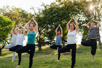 A group of people do yoga in the Park at sunset. Healthy lifestyle, meditation and Wellness