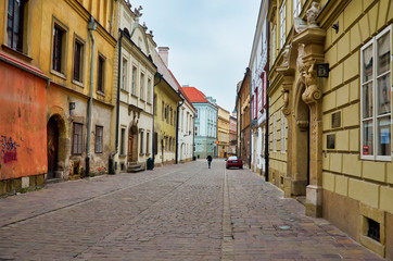 Poland. Krakow. Houses and street of the city of Krakow. Cityscape. February 21, 2018