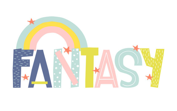 Funny kids graphic with rainbow. Vector hand drawn illustration.