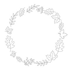 Hand drawn botanic frame with maple leaves, oak leaves. Floral frame. Black and white vector illustration isolated on white. Autumn leaves for coloring.