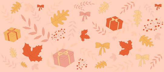 Fototapeta na wymiar Autumn seamless vector pattern. Floral pattern with maple leaves,oak, gift box, ash berry, present. Vector illustration. Flat design in pastel colors for wrapping paper, fabric, print