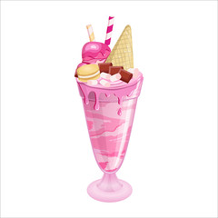 Giant milkshake with marshmallow, drinking straw, strawberry, waffle,chocolate,macaroon. Berry freakshake in the glass. Strawberry drops on the glass with dessert. Cherry ice cream with whipped cream.