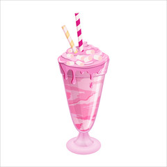 Giant milkshake with marshmallow, tube, drinking straw, strawberry in the decorative glass. Freakshake with berries. Strawberry drops on the glass with dessert. Cherry ice cream with whipped cream.