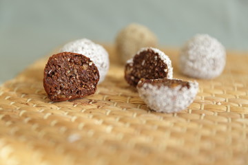 Homemade vegan candies on clear background without sugar