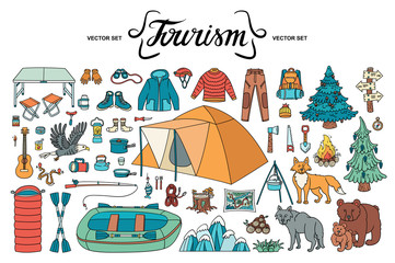 Vector cartoon set on the theme of tourism and travel. Colorful hand drawn doodles of camping equipment, clothing, dishes, wild animals, nature. Isolated elements on white background