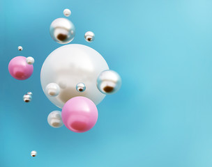 flying glossy metal glass and pearl spheres in the air, abstract background, 3d illustration
