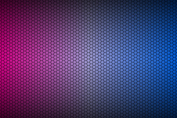 Abstract blue and purple neon geometric hexagonal mesh material background. Perforated metallic technology wallpaper. Vector abstract widescreen background
