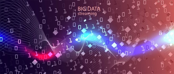 Big Data Stream Vector Presentation. Cyber Equalizer Slide. Blue Purple Pink Background. Matrix Flying Binary Code. Fractal 