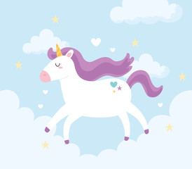 cute magical unicorn running sky clouds fantasy animal cartoon