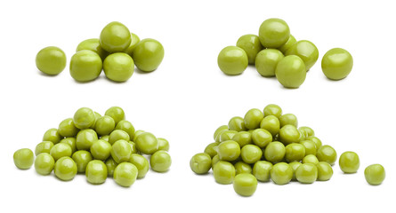 Collection of green peas, isolated on white background