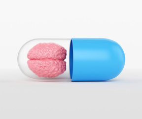blue pill filled brain on blue background, nootropic for the brain or headache pill, a drug to improve brain activity, 3d illustration