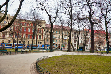 Naklejka premium Poland. Krakow. Houses and street of the city of Krakow. Cityscape. February 21, 2018