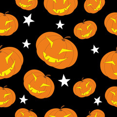 halloween seamless background with cartoon spooky pumpkins and stars isolated on black background