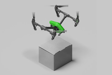 Green Drone With Cardboard Box On Light Monochrome Background. Green Quadcopter With Remote Control. 3d rendering