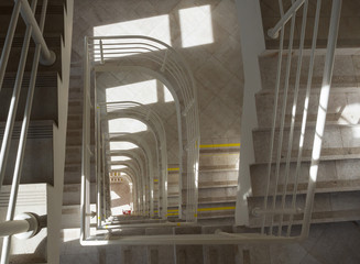 Obraz premium Top view of a staircase with a stream of light falling from the windows onto the landing