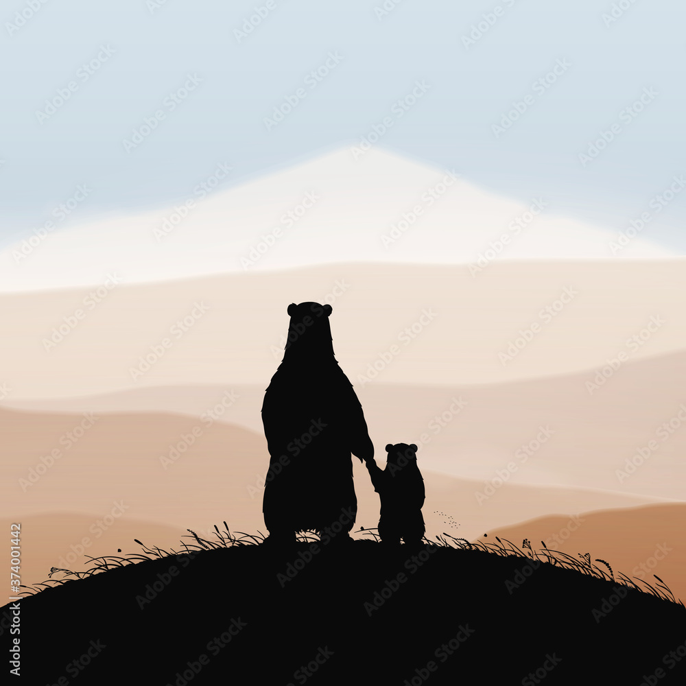 Sticker animal family silhouette. mom bear and baby in misty autumn mountains