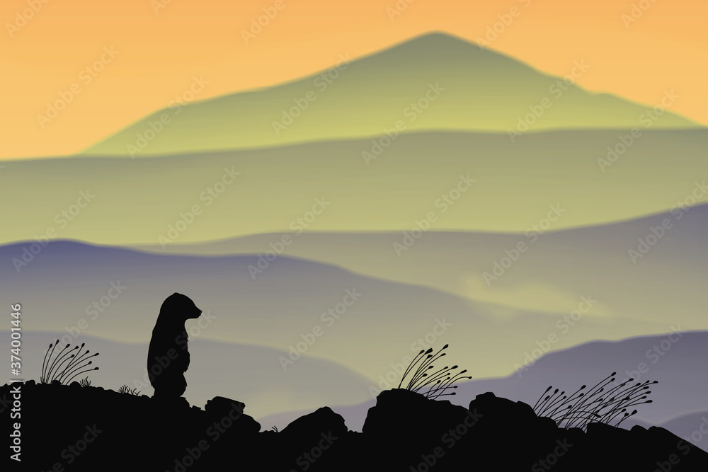 Sticker lonely little bear. animal baby silhouette on rocky mountain