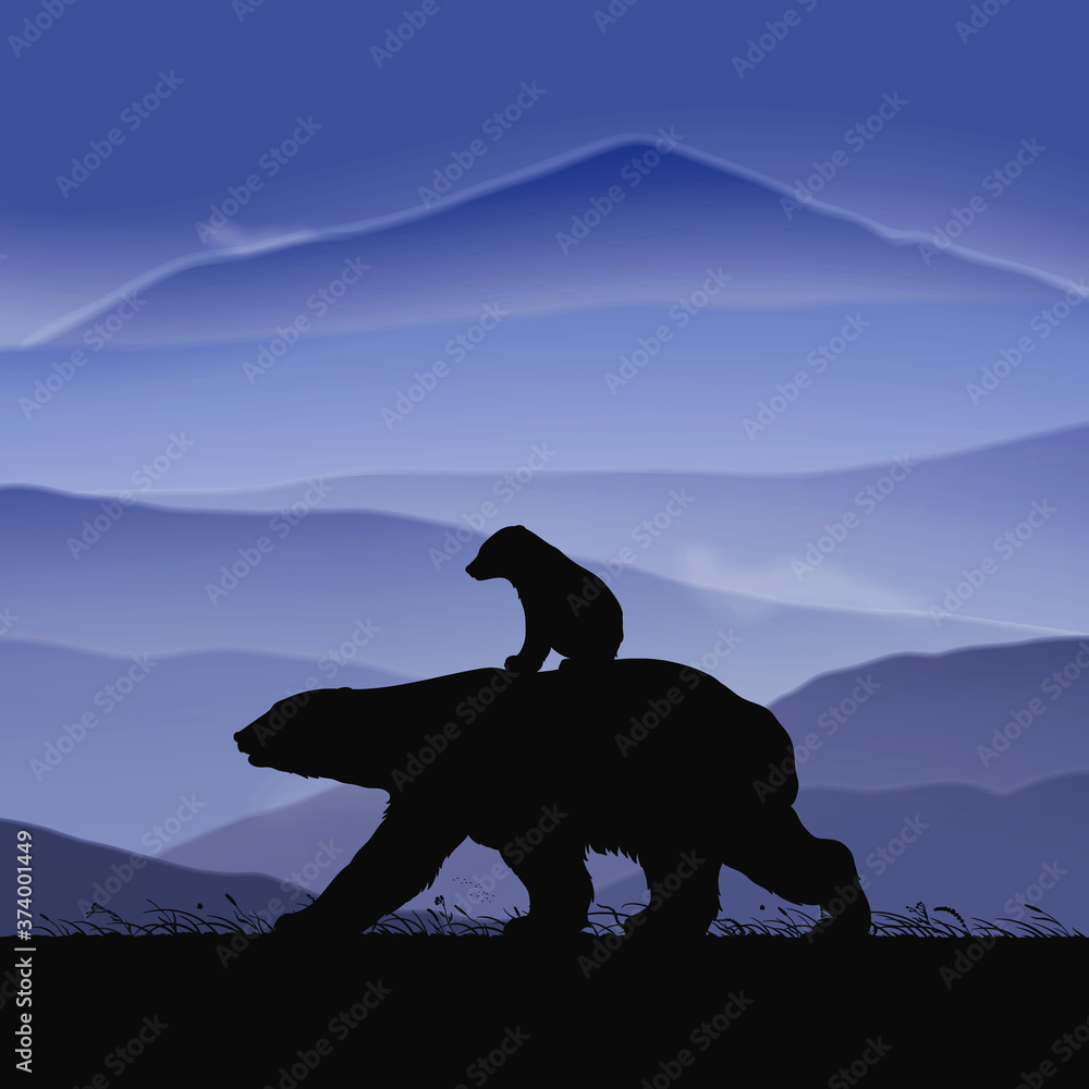 Poster bears family walking in mountains. animal mother and baby silhouette
