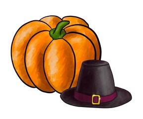 Illustration of symbols of Thanksgiving day: pilgrim hat and ripe pumpkin. Imitation of watercolor image of orange autumn vegetable and black headdress with shiny buckle. Label, decor
