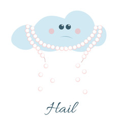 Cute cartoon weather icon of sad anthropomorphic cloud wearing broken pearl  beads which symbolize hail