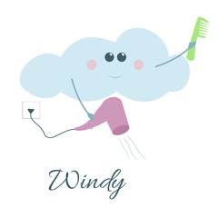 Cute cartoon weather icon of smiling anthropomorphic cloud holding hairbrush and blowing hair dryer which symbolize wind