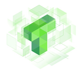 Obraz premium T letter logo symbol. Cubes lined up in space. Rows forming a line. Guessing the isometric shape. Hexagonal riddle.