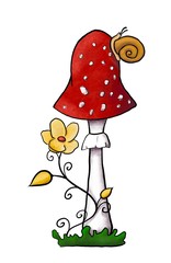 Illustration of redcap fly agaric with yellow flower and snail on green grass. Hand-drawn poisonous mushroom with dots on red cap isolated on white. Cartoon amanita muscaria grows in woods and forests