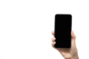 Woman is holding smartphone close up isolated