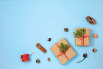 Christmas handmade gift boxes decorated with craft paper