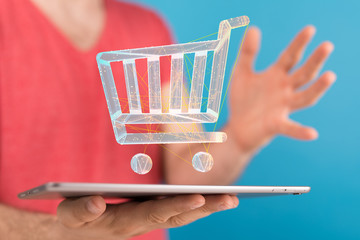 Businessman pressing modern technology panel shopping cart web phone credit card.