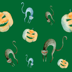 Seamless pattern with pumpkins and cats. Watercolor Halloween pattern on a green background