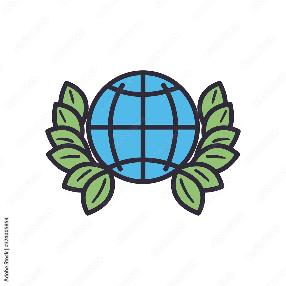 Poster global sphere with leaves wreath line and fill style icon vector design