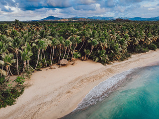 Aerial drone view of paradise beach with palm trees, blue water and mountains at the Esmeralda beach, Miches, Dominican Republic  