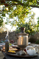 Traditional Azerbaijani aromatic tea, samovar with teapot