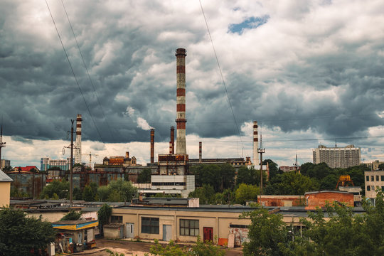 factory industrial pollution ecology disaster concept picture smoke and fog dirty environment space landmark urban outside view outskirts