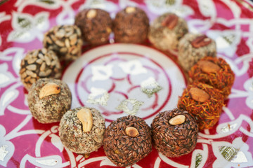 Breakfast table with snacks and dessert food.