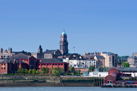 Birkenhead skyline across the Mersey from Liverpool. England. UK. 