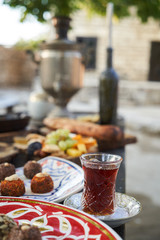 Breakfast table with snacks and dessert food.